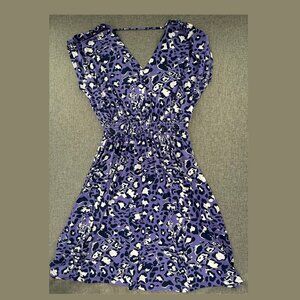 IMAN Dress Leopard V-Neck Short‎ Sleeve Smocked Wait Large Purple Stretchy